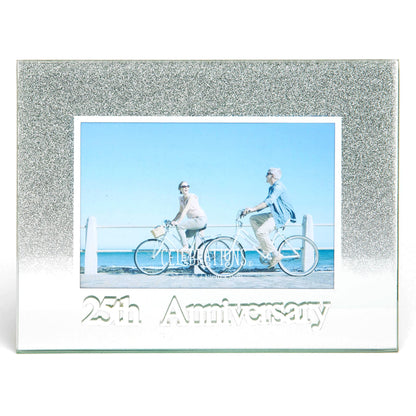 Celebrations 25th Anniversary Silver Glitter Glass Frames | Standing Strut | Mirror Finish