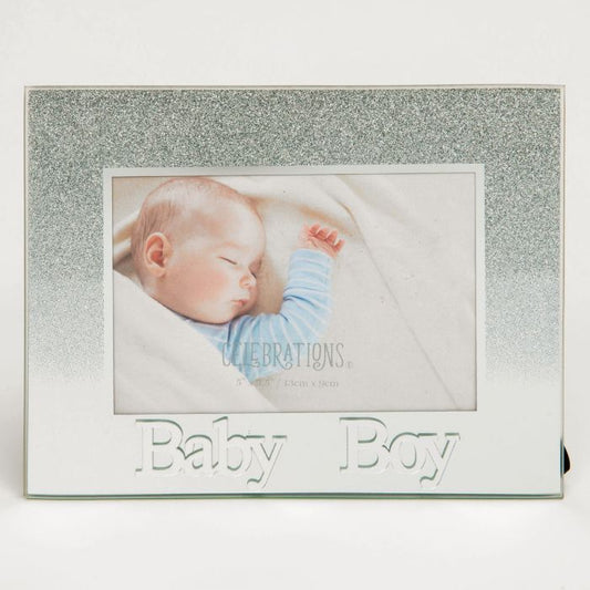 Celebrations Baby Boy Silver Glitter Glass Frames | Standing Strut | Mirror Finish