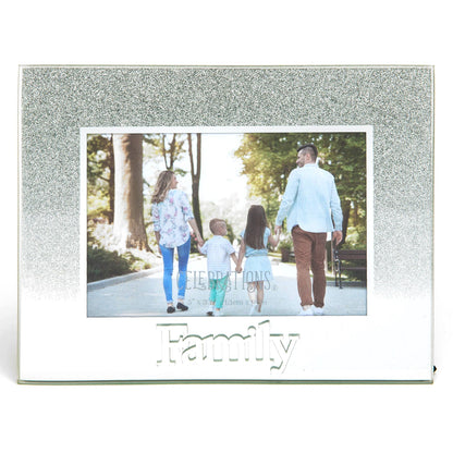 Celebrations Family Silver Glitter Glass Frames | Standing Strut | Mirror Finish