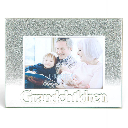 Celebrations Grandchildren Silver Glitter Glass Frames | Standing Strut | Mirror Finish