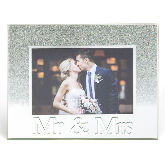 Celebrations Mr & Mrs Silver Glitter Glass Frames | Standing Strut | Mirror Finish
