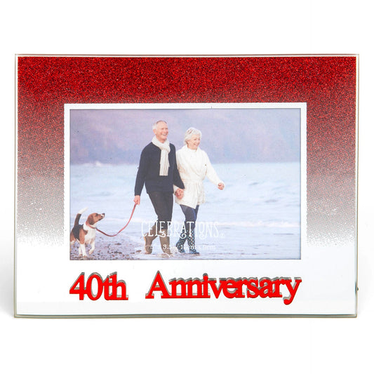 Celebrations 40th Anniversary Red Glitter Glass Frames | Standing Strut | Mirror Finish