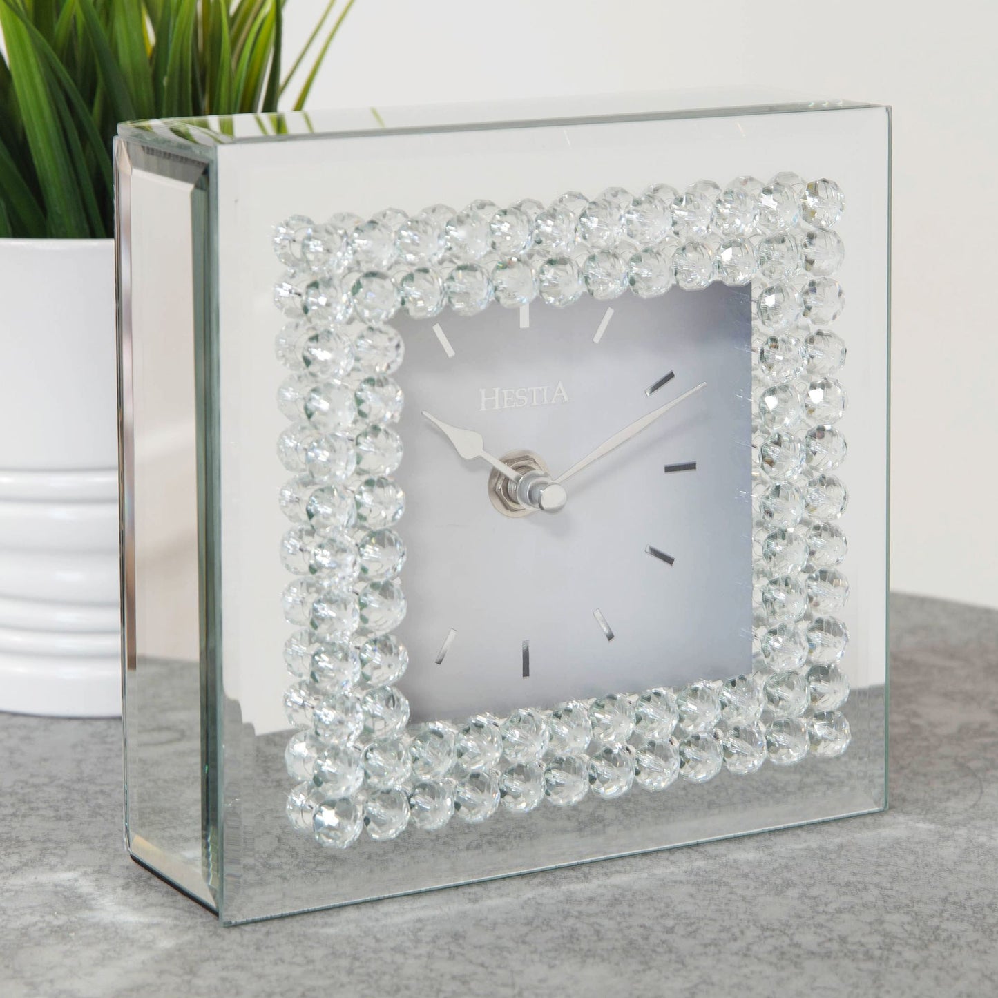 Hestia Mirror Glass Mantel Clock with Crystal Border