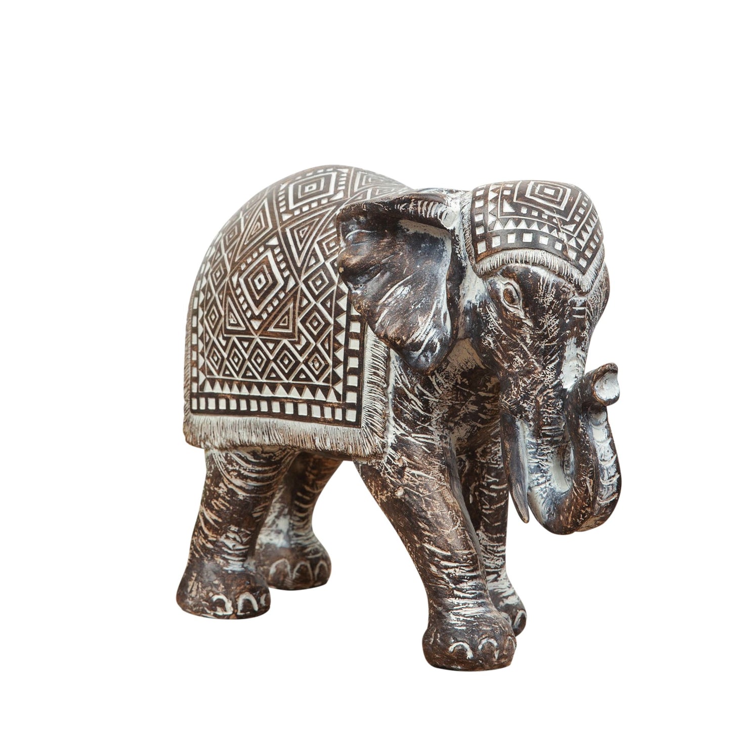Aztec Patterned Vintage Carved Wooden Effect Elephant Figurine