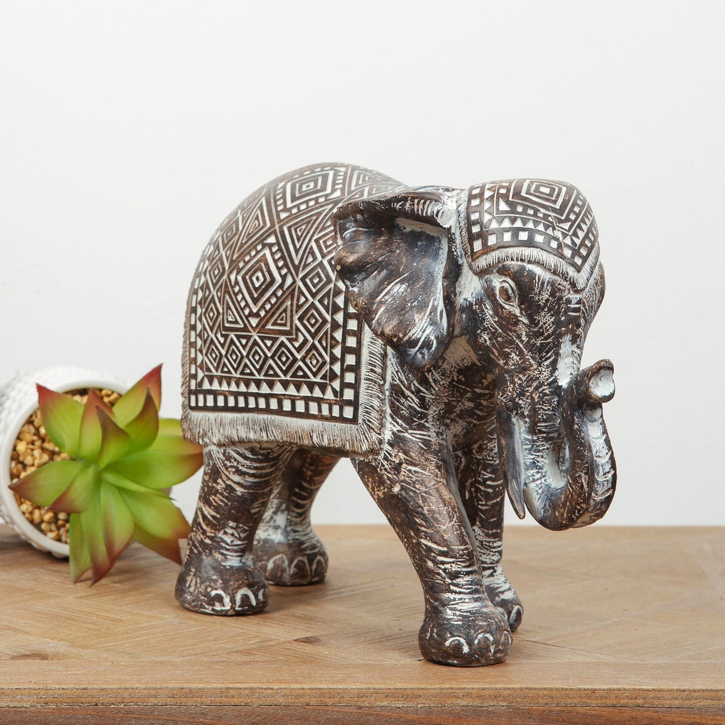 Aztec Patterned Vintage Carved Wooden Effect Elephant Figurine