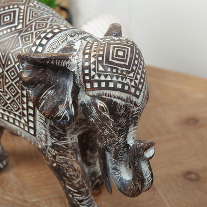 Aztec Patterned Vintage Carved Wooden Effect Elephant Figurine