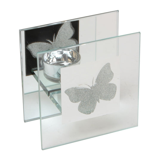 Hestia Glass Single Tea Light Candle Holder With Butterfly Design