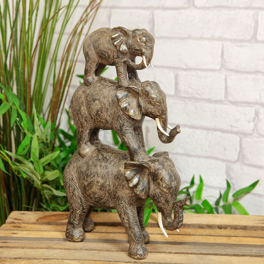 Naturecraft 3 Elephant Tower Carved Effect Resin Figurine