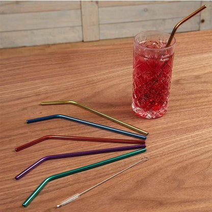 Reuseable Metal Drinking Straws & Cleaning Brush Eco Friendly Gift - Set of 6