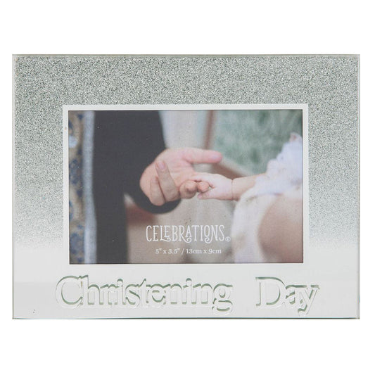 Celebrations Christening Day Silver Glitter Glass Frames | Standing Strut | Mirror Finish