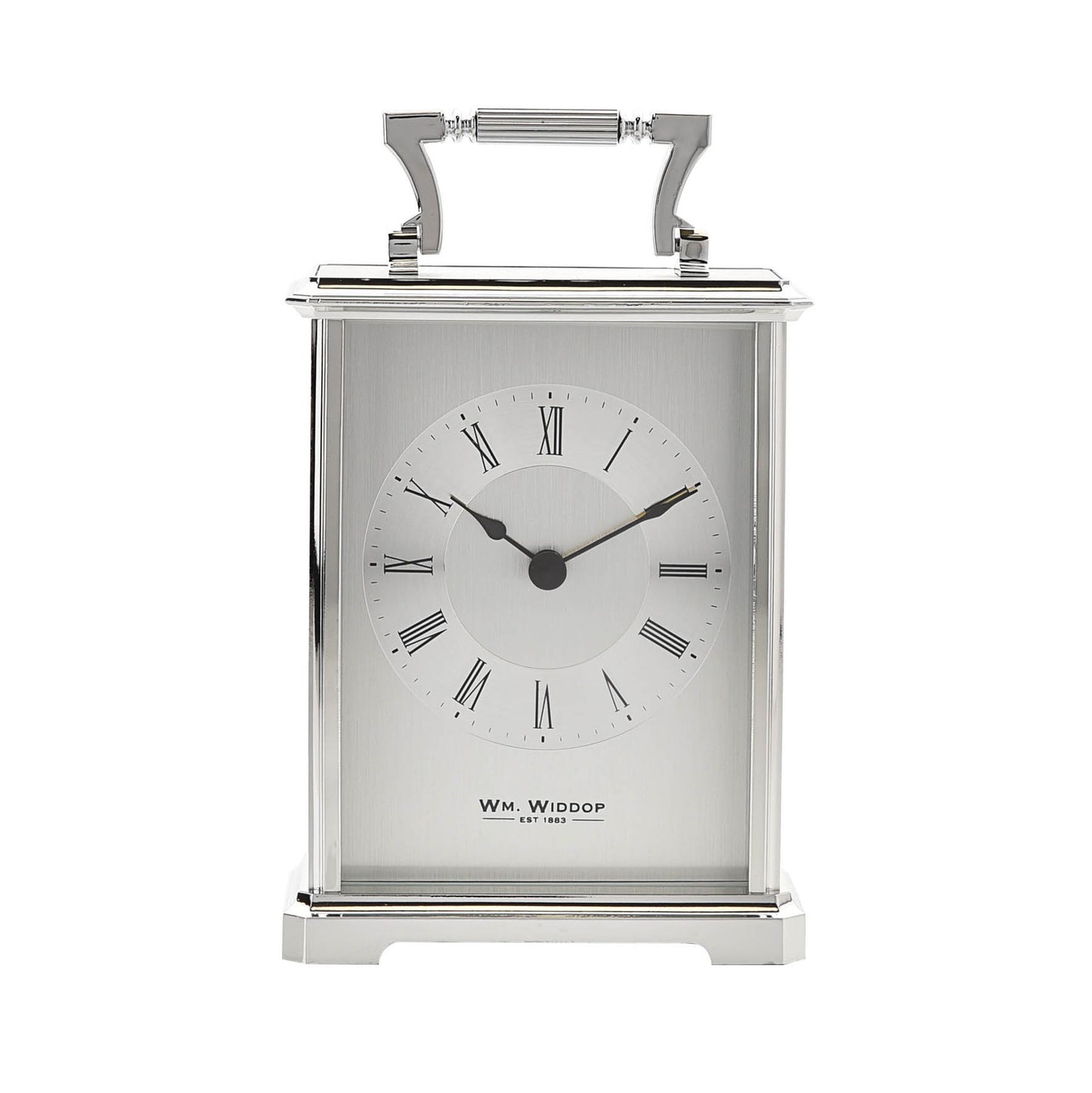 William Widdop Silver Colour Design Roman Numerals Carriage Clock