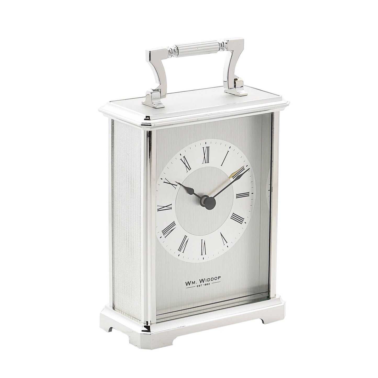 William Widdop Silver Colour Design Roman Numerals Carriage Clock