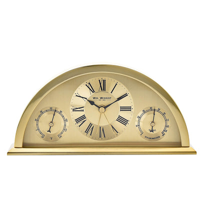 William Widdop Brushed Gold Arched Mantel Clock With Thermometer and Hydrometer