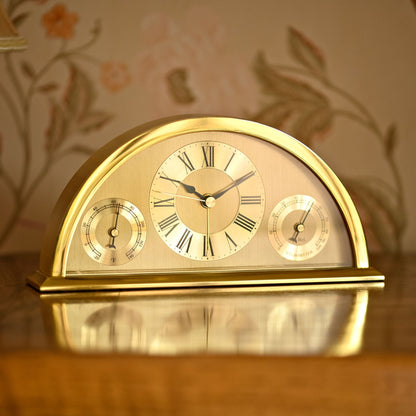 William Widdop Brushed Gold Arched Mantel Clock With Thermometer and Hydrometer