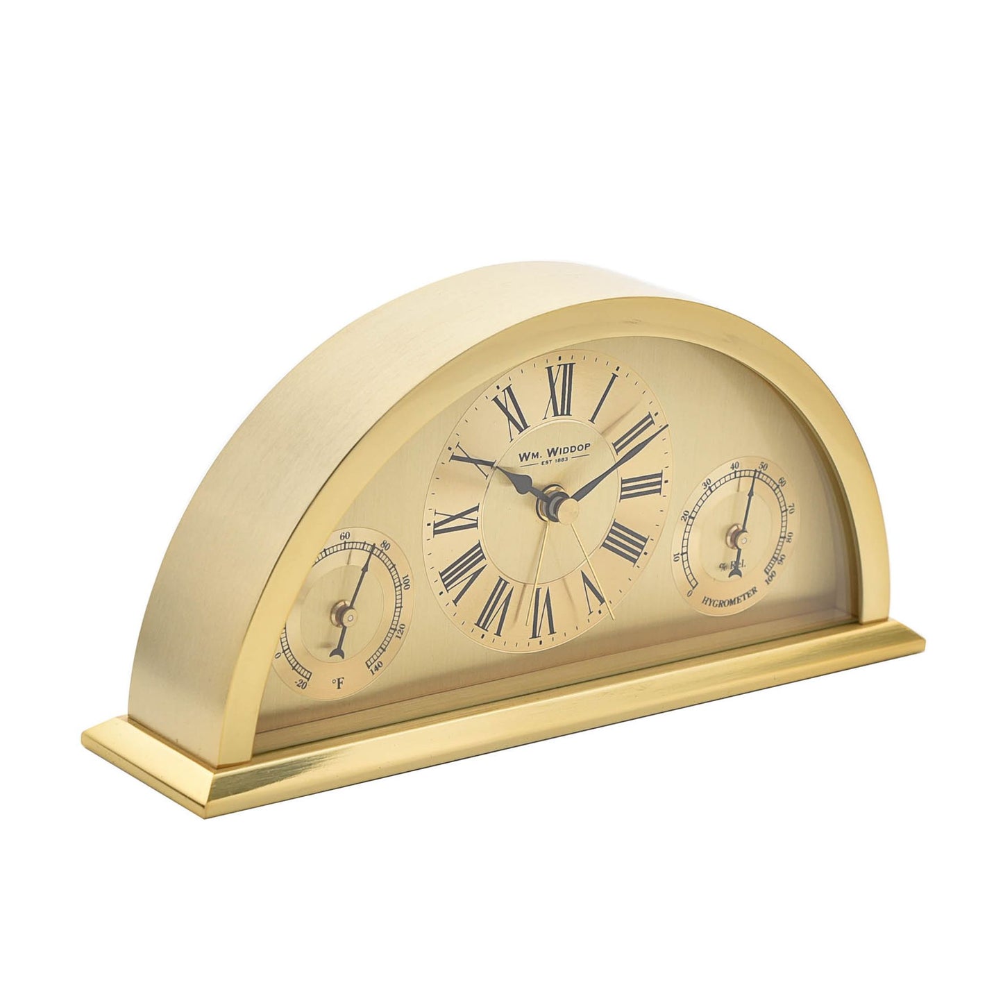 William Widdop Brushed Gold Arched Mantel Clock With Thermometer and Hydrometer