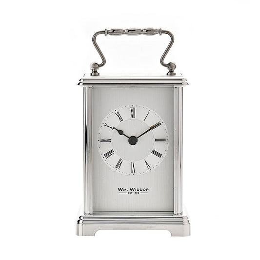 William Widdop Silver Finish White Dial Black Roman Numerals Carriage Clock