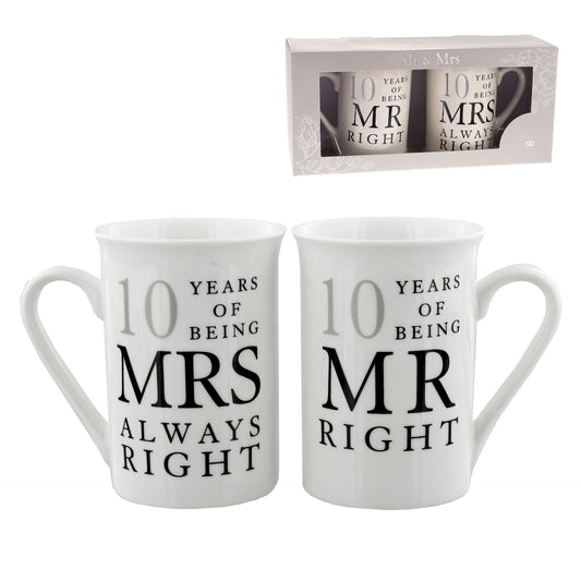 Mug Set - 10th Anniversary Gift - 2 Coffee Mugs "Mr Right & Mrs Always Right"